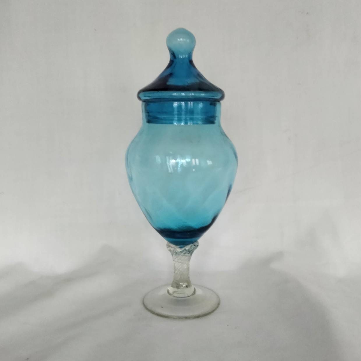 Mid century Empoli Italian blue glass twist lidded vase