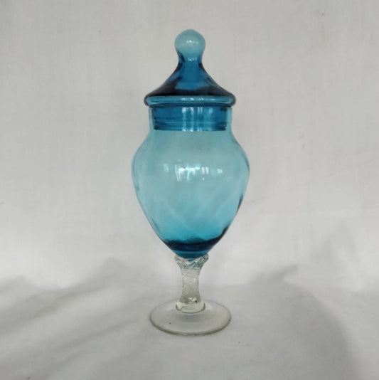 Mid century Empoli Italian blue glass twist lidded vase