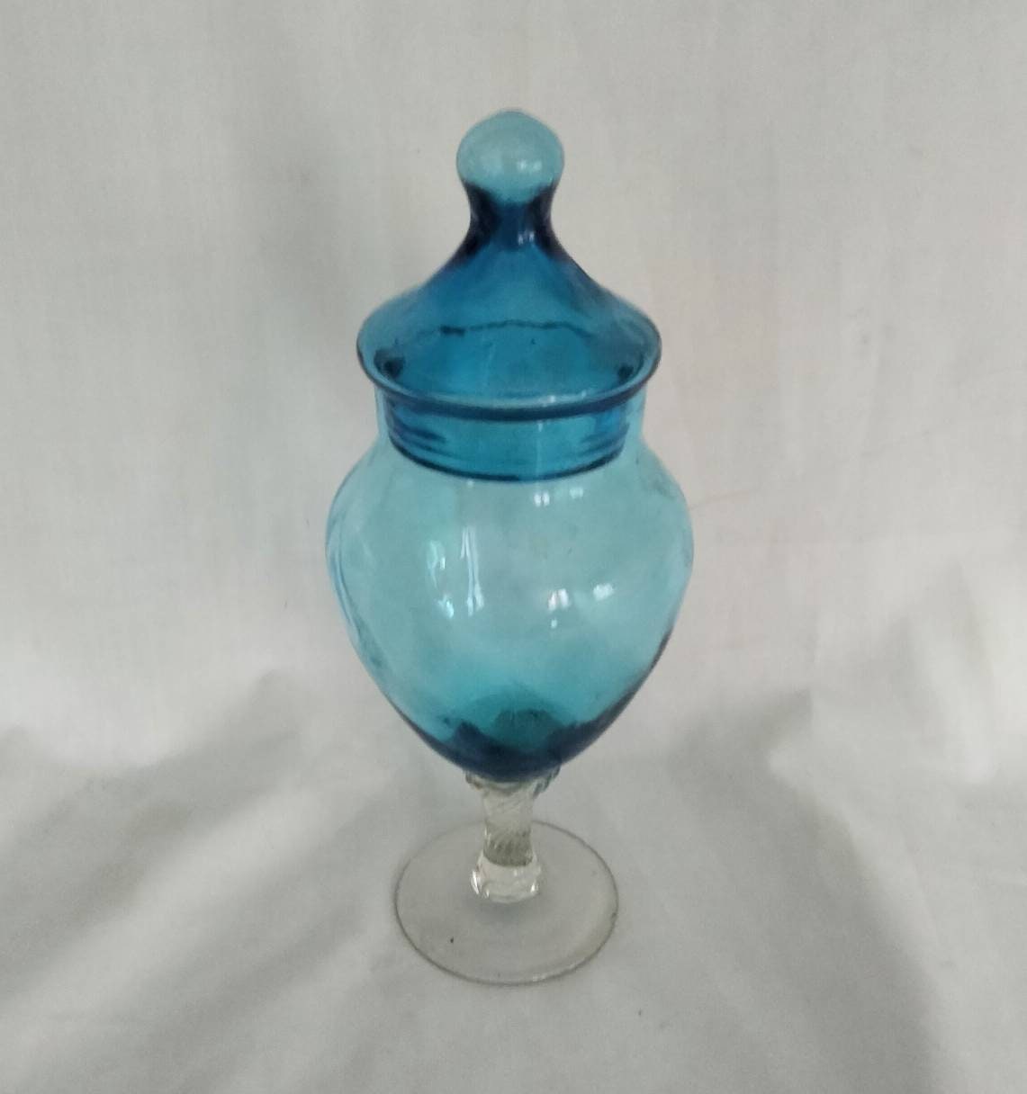 Mid century Empoli Italian blue glass twist lidded vase
