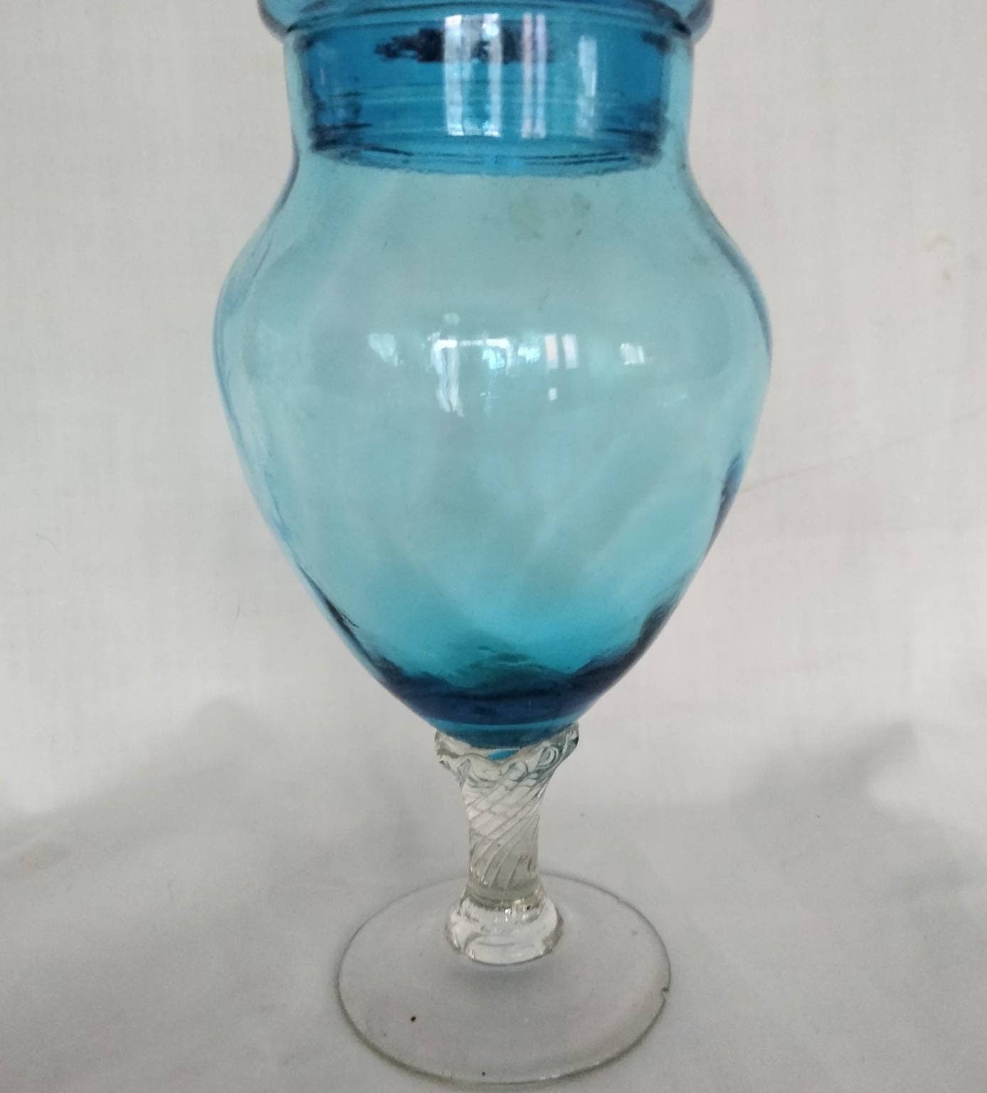 Mid century Empoli Italian blue glass twist lidded vase