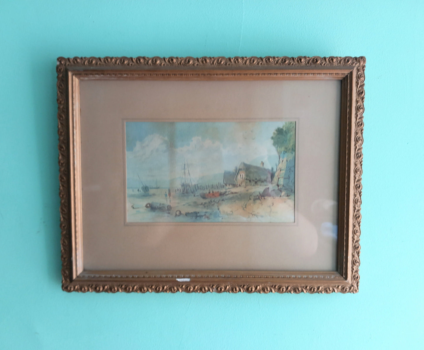 Antique watercolour painting of fishing harbour & cottage scene