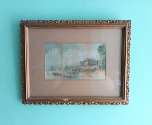 Antique watercolour painting of fishing harbour & cottage scene
