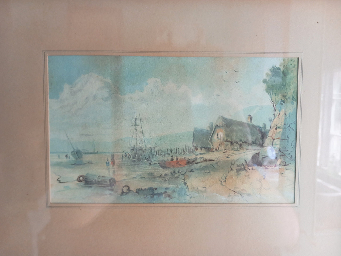 Antique watercolour painting of fishing harbour & cottage scene