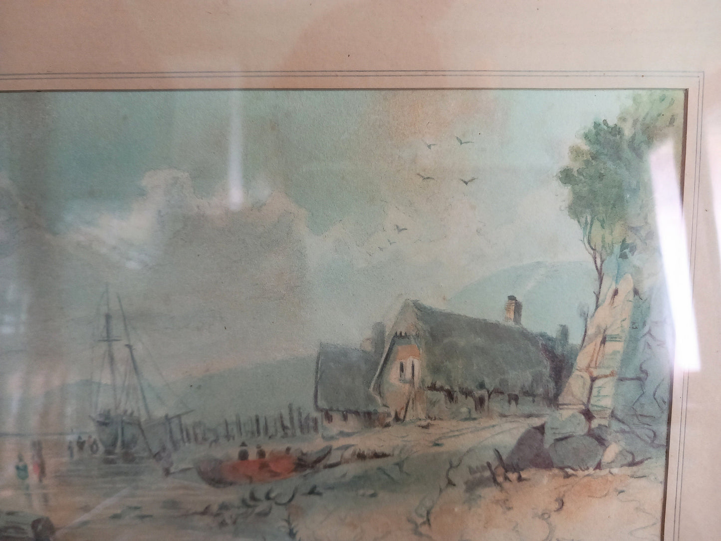 Antique watercolour painting of fishing harbour & cottage scene