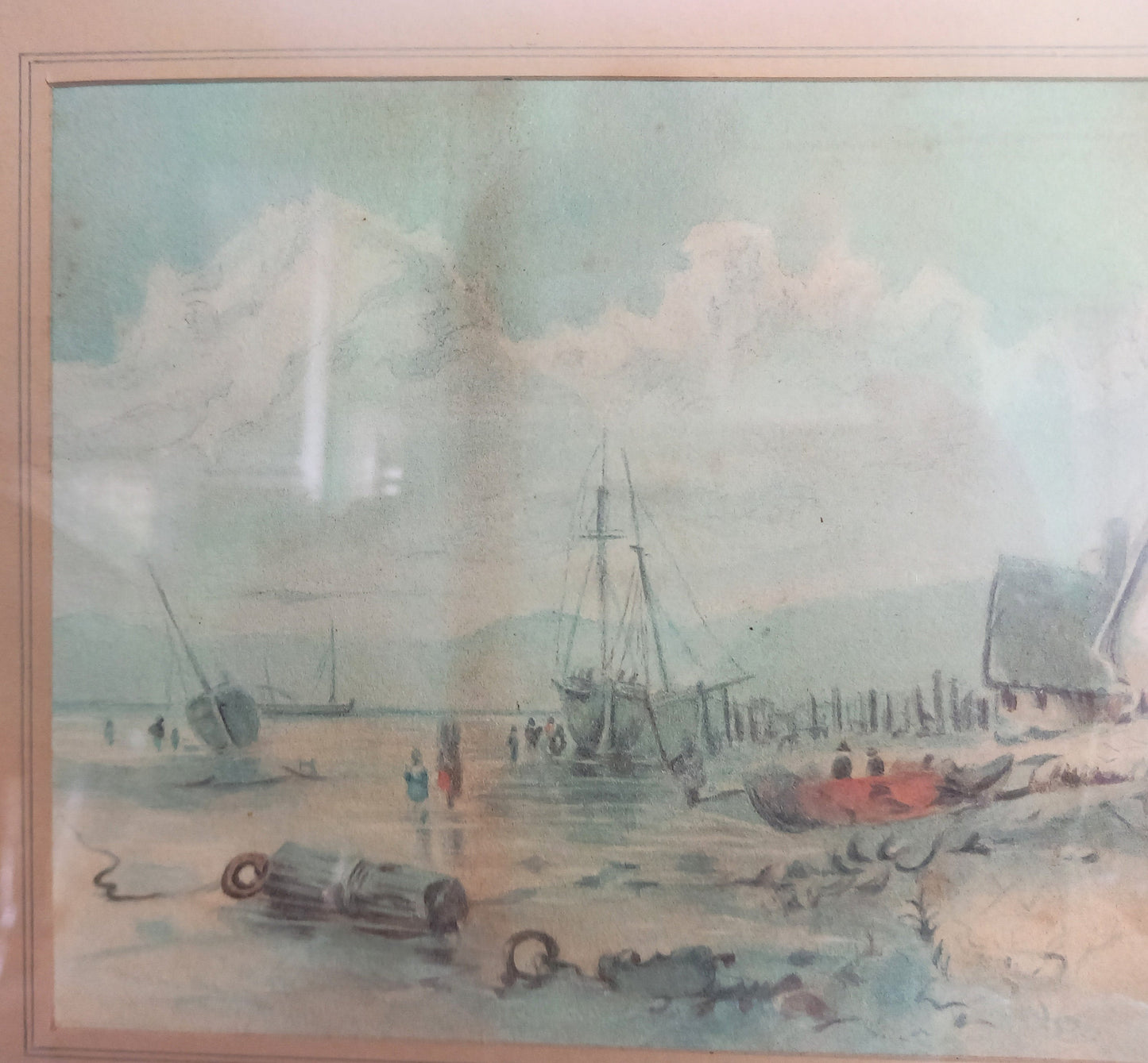 Antique watercolour painting of fishing harbour & cottage scene