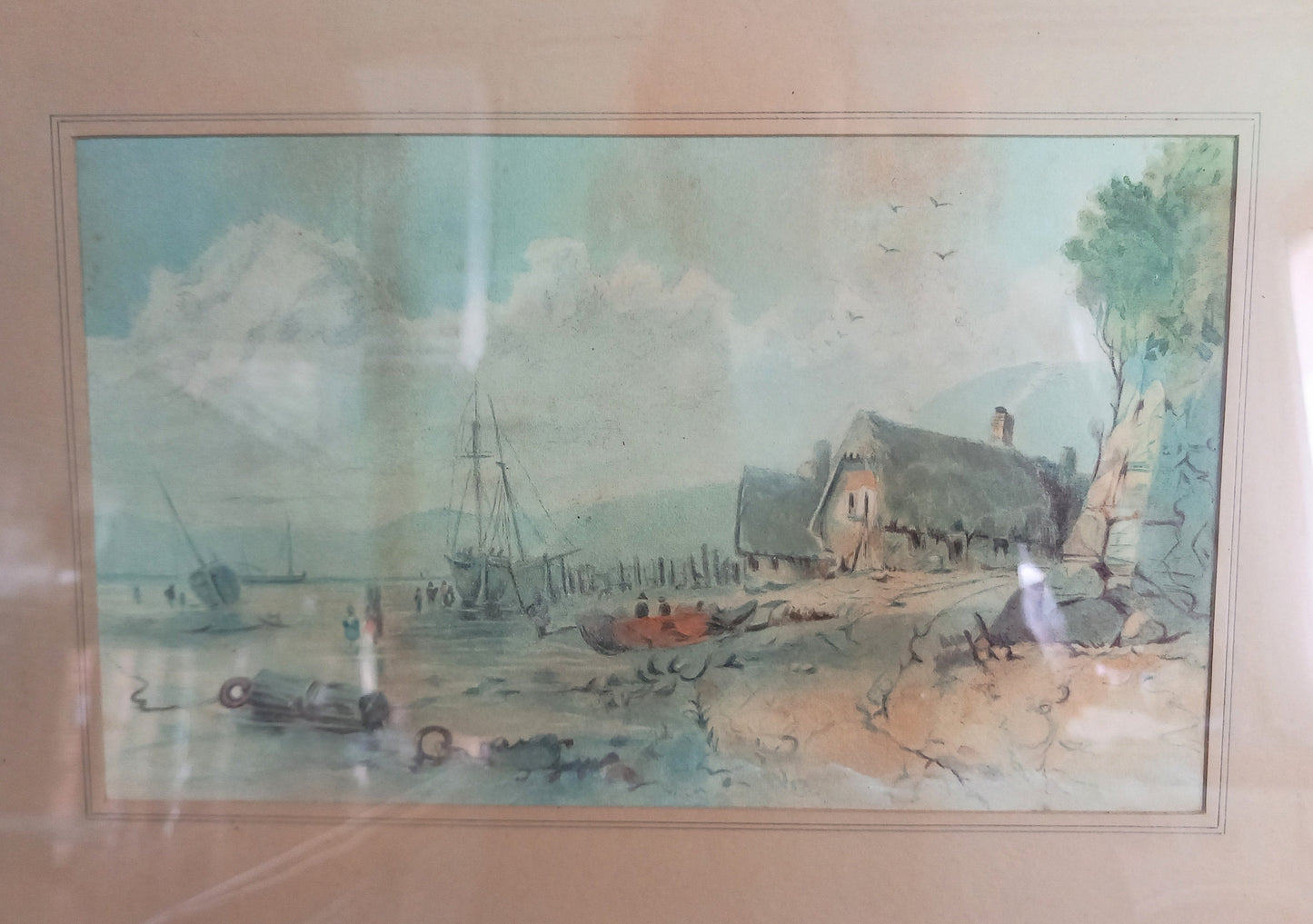 Antique watercolour painting of fishing harbour & cottage scene